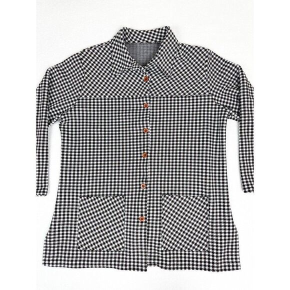 Vintage 70s Houndstooth Shirt Jacket Button Front Pockets 3/4 Sleeve - Picture 3 of 9